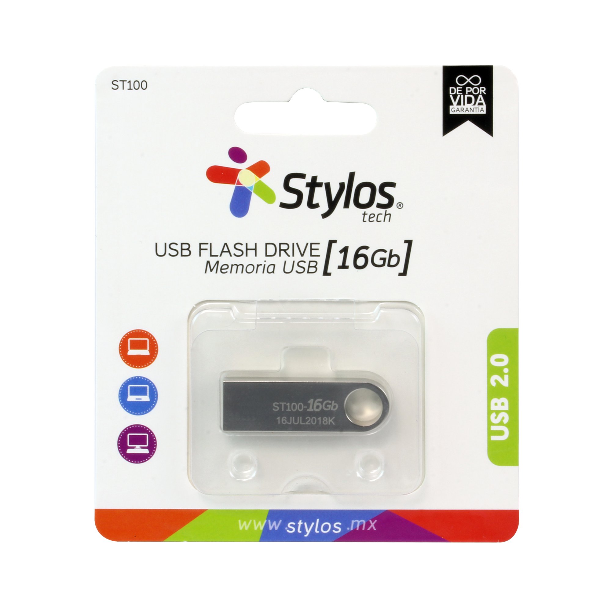 MEMORIA USB STYLOS 16GB FLASH 2.0 PLATA (STMUSB2B)